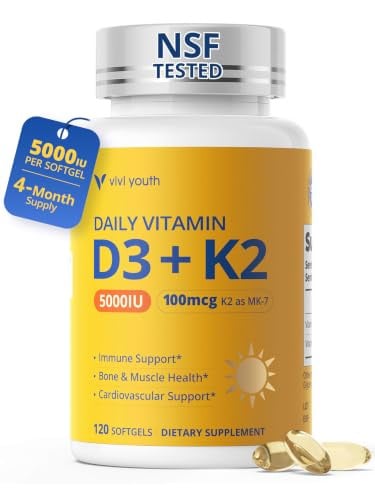Vitamin D3 K2 Supplement 5000 IU & MK-7 100mcg with Sunflower Seed Oil