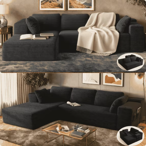 Lofka 105" L-Shaped Sectional with Pet Friendly Corduroy Fabric, Black