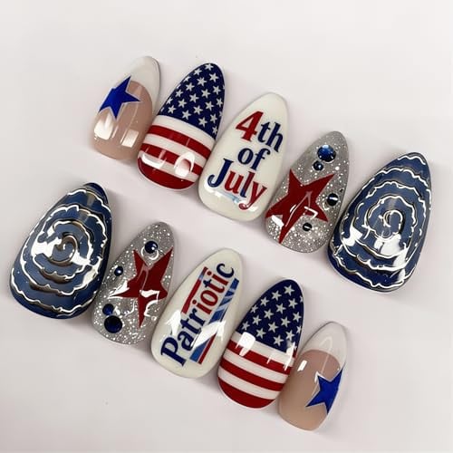 30-Piece 4th of July Press on Nails Medium with Blue Diamond French Tip Deal