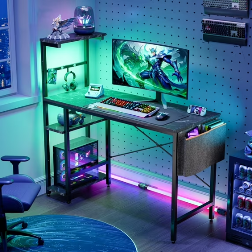 Bestier 44'' Computer Desk w/ RGB Lights, 4-Tier Storage & Reversible Shelves (Black Marble)