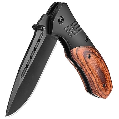 KEXMO 3.46" Folding Pocket Knife w/ Wood Handle, Glass Breaker & Clip (Black) Deal