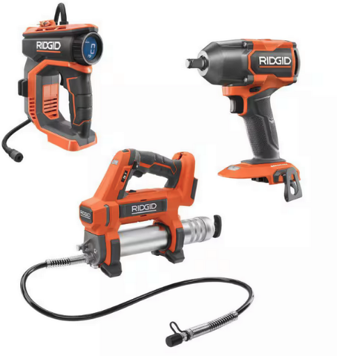 Ridgid 18V Cordless 3-Tool Combo Kit w/ Brushless 1/2 in. Mid-Torque Impact Wrench, Grease Gun, & Digital Inflator Deal