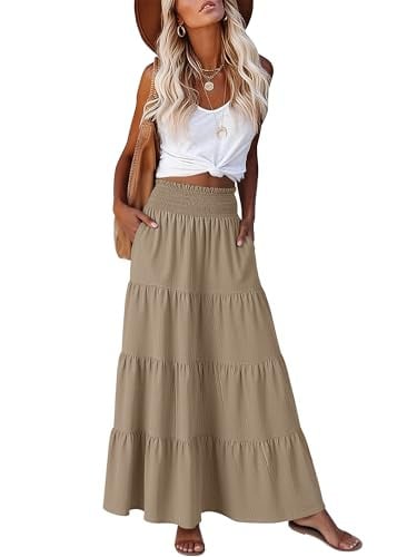 ANRABESS Womens Maxi Skirts Elastic High Waist A-Line Tiered Long Flowy Boho Skirts Summer Casual Beach & Vacation Wear Yellow Khaki M Deal