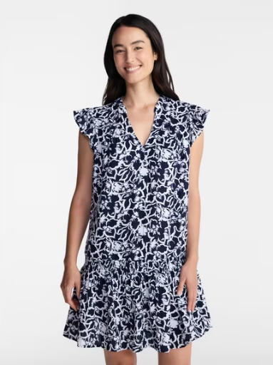 Time and Tru Women's Double Cloth Mini Dress with Flutter Sleeves Dark Navy