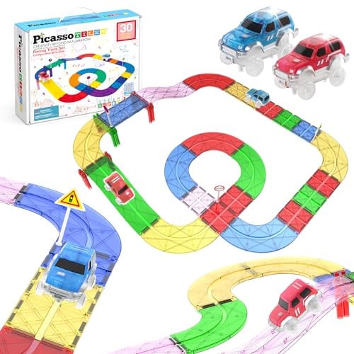 PicassoTiles Race Track Magnetic Tiles with 2 Racing Cars
