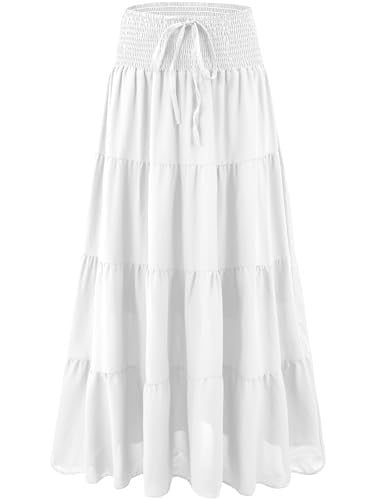 MJBGSHOW Women's Ruffle Maxi Skirts High-Waist Elastic Pleated Long Skirt White M