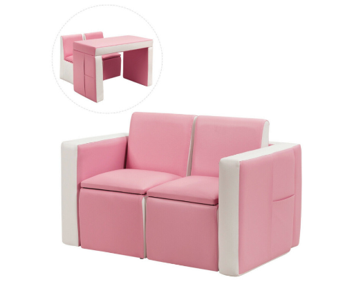 Costway Convertible Kids Play Sofa, Table & Chair Set Pink