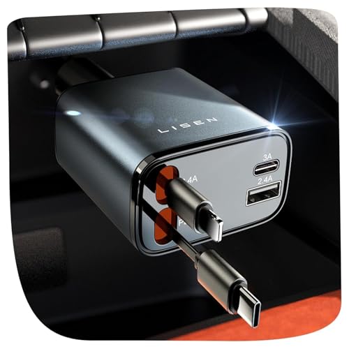 LISEN 4-in-1 84W Retractable Car Charger w/ Dual USB-C & USB-A Ports