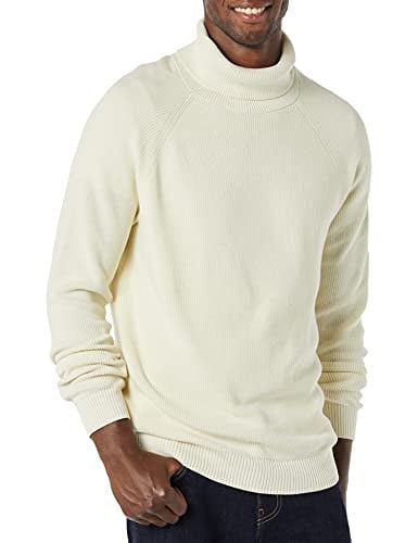 Amazon Essentials Men's 100% Cotton Rib Knit Turtleneck Sweater, Ivory, Small