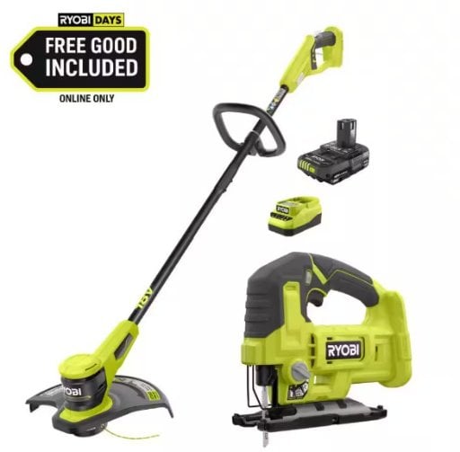 RYOBI ONE+ 18V 13 in. Cordless Battery String Trimmer with 2.0 Ah Battery and FREE Cordless Jig Saw Deal
