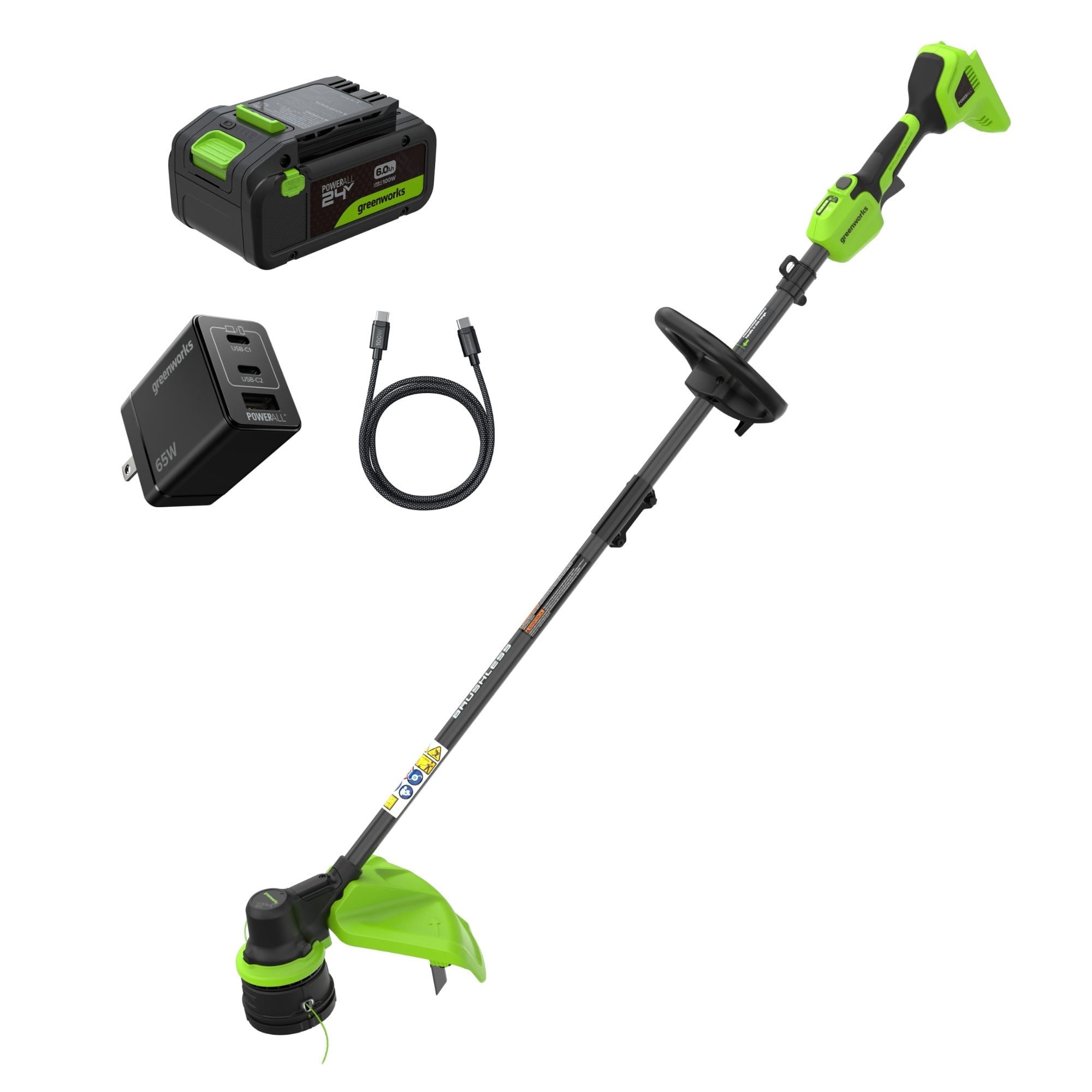 Greenworks 24V 15" Brushless Cordless Battery String Trimmer with 6.0Ah Battery and 65W USB-C Fast Charger