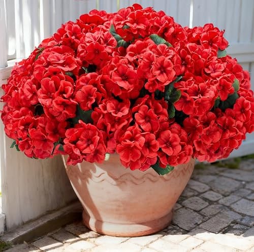 Karlliu Artificial Geranium Flowers for Outdoors: 6 PCS Realistic UV Resistant Faux Red Geranium Silk Flowers Red Deal