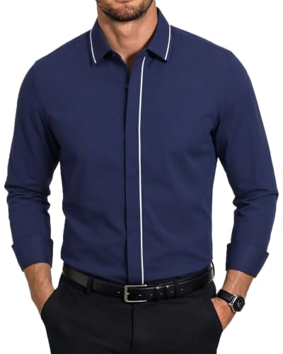 DAMIPOW Mens Dress Shirt Long Sleeve Stretch Button Down Shirt Cotton Blend