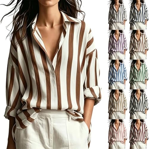 Button Down Striped Long Sleeve Blouses 