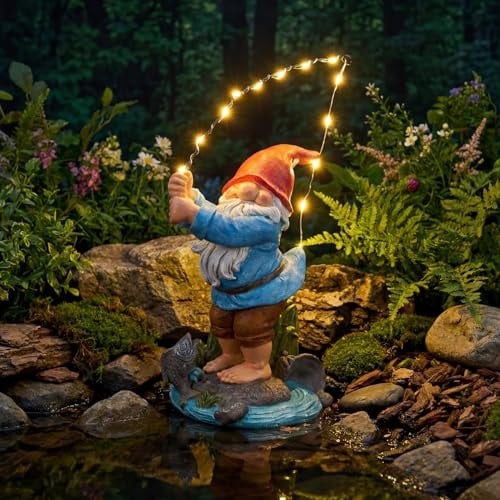 EXYGLO Solar Gnome Garden Decor Statue, 8.5" Fishing Gnome