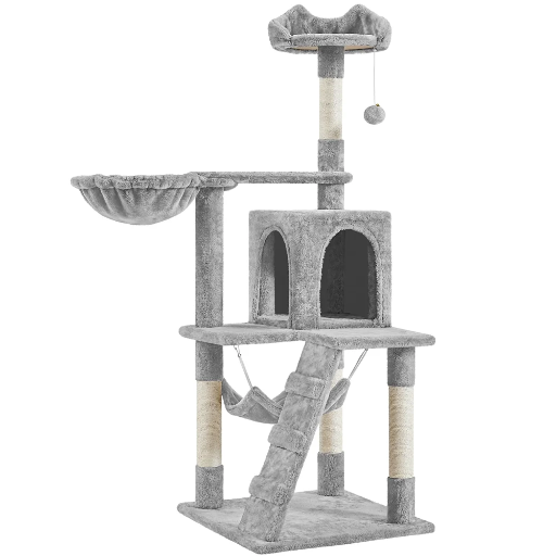 Alden Design 54" Cat Tree with Hammock, Basket and Scratching Post Tower, Light Gray