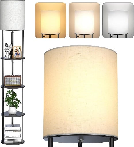 5-Tier Floor Lamp with Shelves, Standing Bookshelf Lamp, 3-Color LED