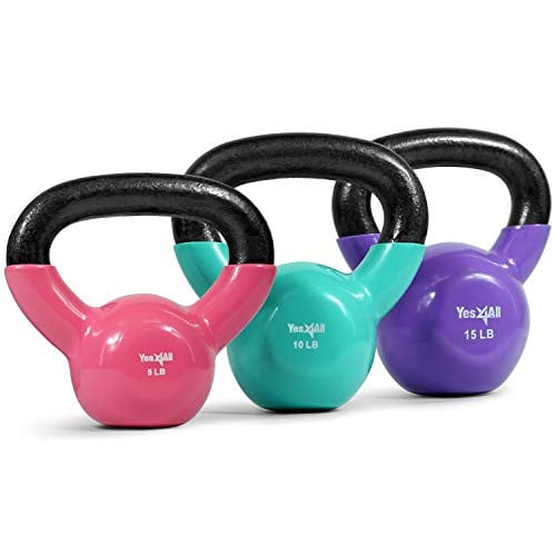 Yes4All Vinyl Coated Kettlebell Cast Iron Set (5, 10, 15 Lbs)