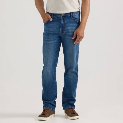 Wrangler Men's Straight Leg or Relax Fit Jeans - Midweight Denim, Stretch, Fly Button, sizes 30-42, 30-32" length Deal