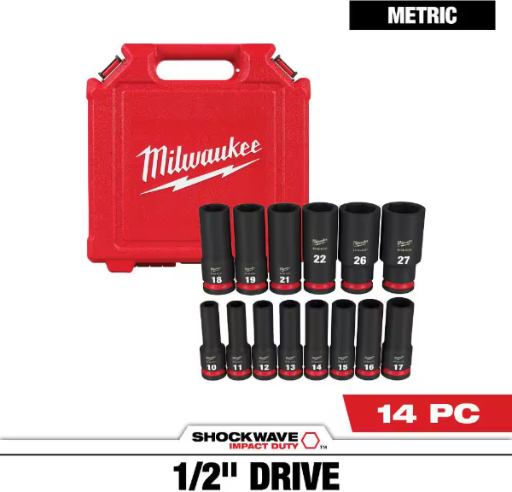 Milwaukee SHOCKWAVE 1/2 in. Drive Metric Deep Well 6 Point Impact Socket Set (14-Piece)
