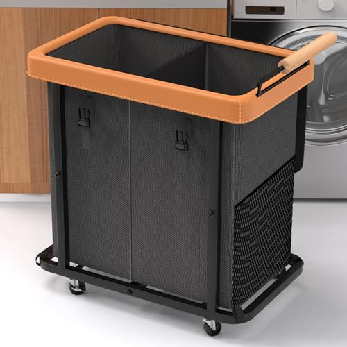 50 Gal 2-Section Leather Patchwork Rolling Laundry Hamper w/ Lid (Black)