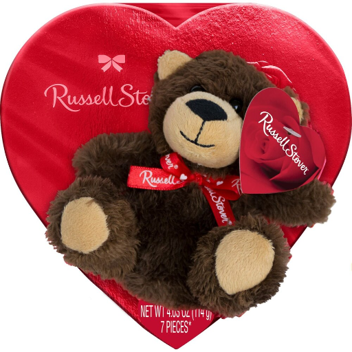 Russell Stover Valentine's Day Plush Bear with Red Foil Heart Assorted Milk & Dark Chocolate Candy Gift Box, 7 CT, 4.03 OZ
