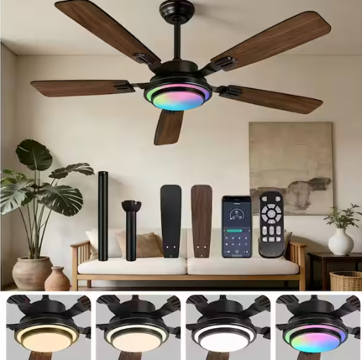 52 in. Indoor/Covered Outdoor Black Reversible Smart Ceiling Fan with Integrated LED and Remote Control