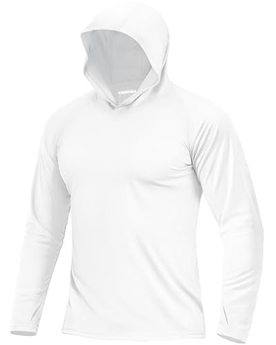 Boladeci SPF Shirts for Men Fishing Hoodie UPF 50 Long Sleeve Swim Shirt Sun Protection with Hood UV Summer Water Rash Guard Tops White L Deal