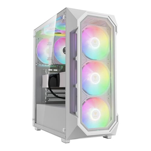 GAMDIAS White ATX Mid Tower Gaming PC Case w/Tempered Glass and 4X 120mm ARGB Fans