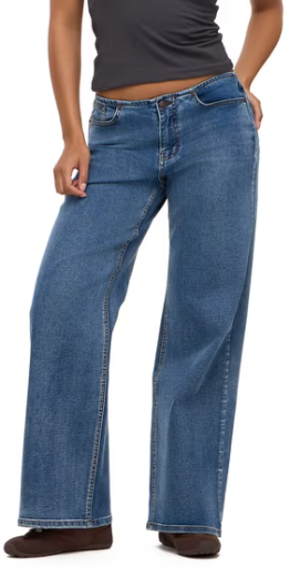 Forever 21 Women's Mid Rise No Waist Wide Leg Stretch Cotton Blend Denim Jeans (Medium Acid Wash, Sizes 00-18)