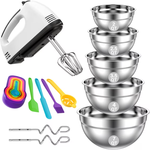 TINANA 7-Speed Electric Hand Mixer & 5-Pc Mixing Bowls Set Deal
