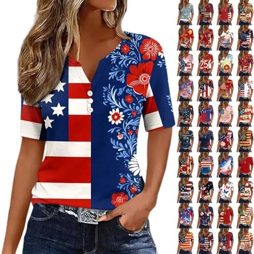 4th of July Patriotic Short Sleeve V Neck Tunic Tops  