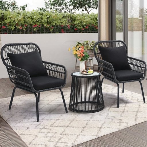 3 Pieces Rattan Wicker Outdoor Conversation Bistro Set (Black) Deal