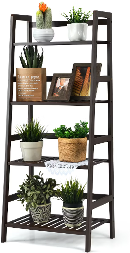 Costway 4-Tier Bamboo Ladder Shelf Plant Display Stand Rack Bookshelf Dark Brown