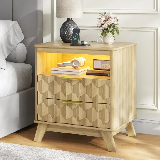 19.7-Inch Wrought Studio 2-Drawer Nightstand with Built-In Outlets & Sensor Light (Oak)