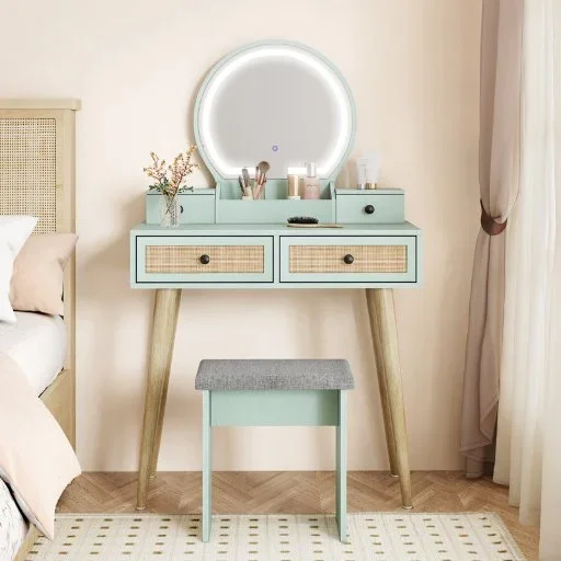 Wrought Studio Iesa Boho Natural Rattan Vanity with LED Mirror & Stool (Green)