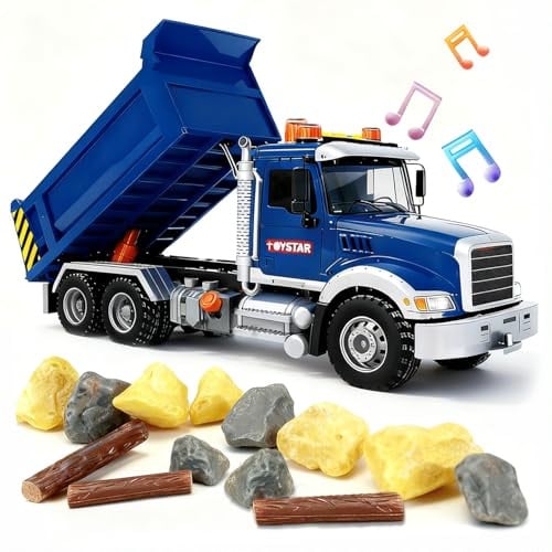 SMILESSKIDDO 20-Piece 1:12 Friction Powered Dump Truck Toy w/ Air Pump, Lights & Sounds