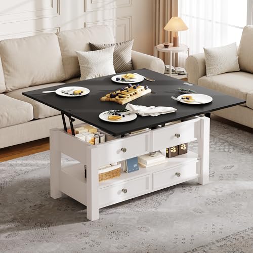 YITAHOME 4-in-1 Lift Top Convertible Coffee Table with Drawers, Black Top