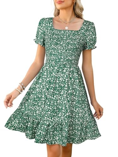 Lyrur Women's Floral Square Neck Smocked Knee Length Summer Dress Deal