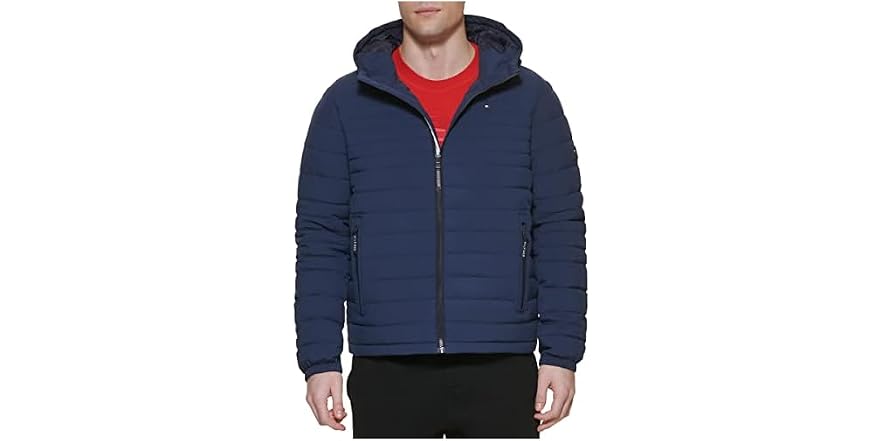 Tommy Hilfiger Men's Stretch Poly Hooded Packable Jacket (Midnight, Medium)
