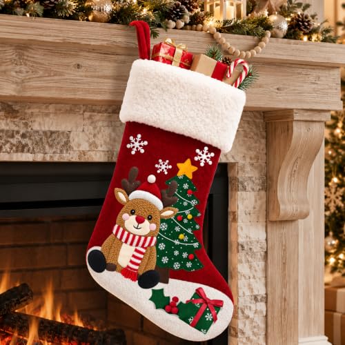 Reindeer Christmas Stockings with Christmas Tree & Gift, 20-Inch 3D Fuzzy Xmas Hanging Animal Stocking Deal