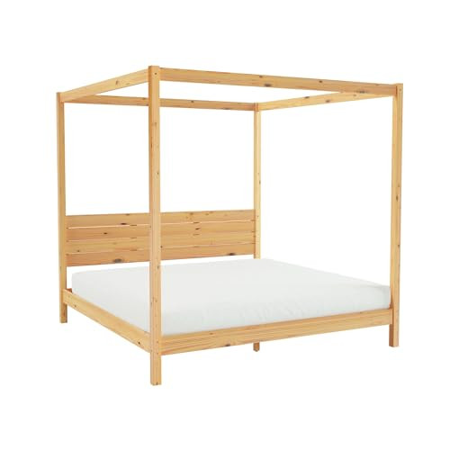 Walker Edison Minimalist Slatted Headboard Canopy Bedframe King Size Natural Pine