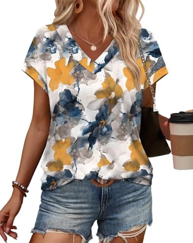  V Neck Cap Sleeve Shirts/Blouses  