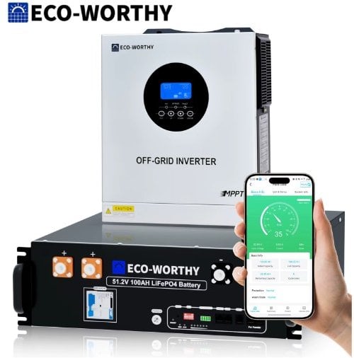 ECO-WORTHY 5.12kWh 48V 100Ah Lithium LiFePO4 Battery + 5kW 48V Off-grid Inverter Deal