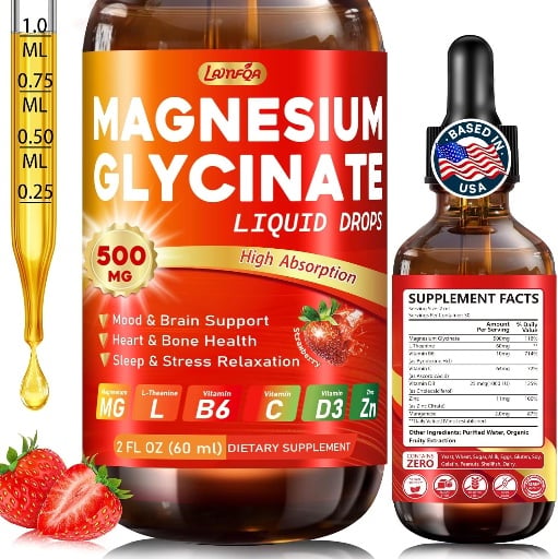 Magnesium Glycinate Liquid Drops 500mg with Vitamin B6, D3, C, Zinc