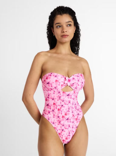 No Boundaries Women's Pink Floral Cut Out Bandeau One Piece Swimsuit Deal