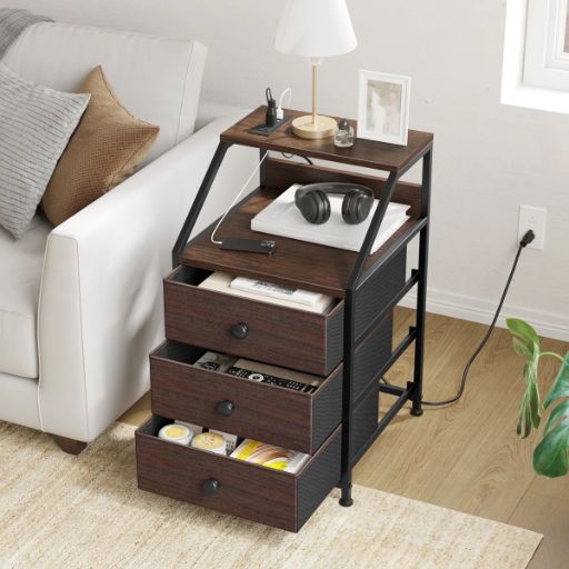 Travison 3-Drawer 2-Tier Open Shelf Built-In Outlets Night Stand w/ 2 AC Power Outlets & 2 USB Ports