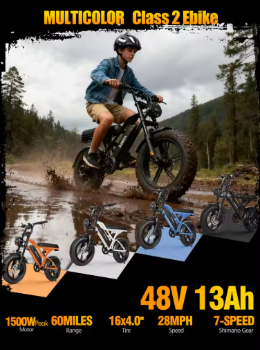 Eskute V100 Electric Bike 1500W Peak 28MPH 48V 13Ah 16"x4" Fat Tire 7-Speed Dual Suspension Deal