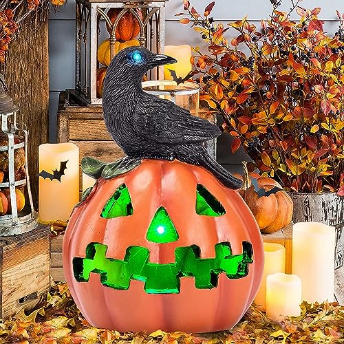 Solar-Powered Halloween Pumpkin w/ Crow Color-Changing LED Garden Decoration