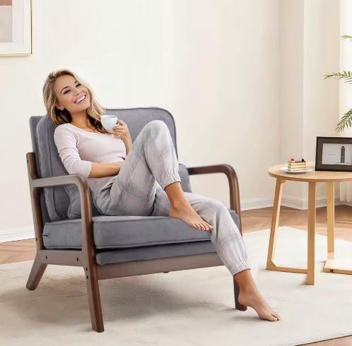 JHK Mid-Century Modern Accent Chair w/ Solid Wood Frame & Waist Cushion (3-Colors)